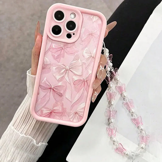 Cute Pink Bow Silicone Case for iPhone 17 16 Pro Max 15 14 13 12 11 with Butterfly Charm Cover