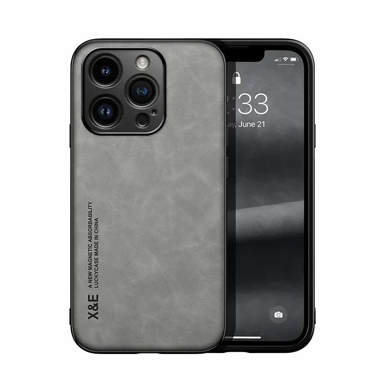Luxury Leather Magnetic Case for iPhone 17 16 16e 15 14 13 12 11 Pro Max Plus Mini SE 8 7 Shockproof Cover with Metal Plate Car Mount Support