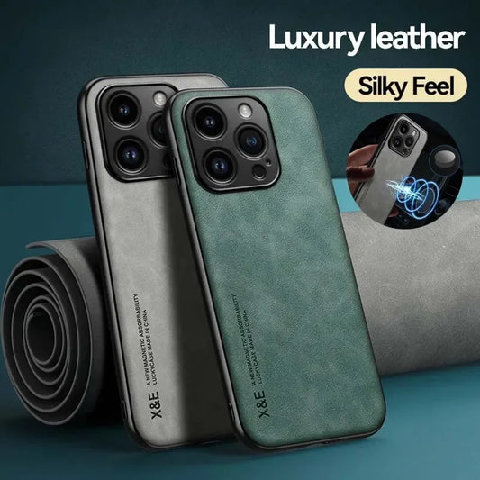 Luxury Leather Magnetic Case for iPhone 17 16 16e 15 14 13 12 11 Pro Max Plus Mini SE 8 7 Shockproof Cover with Metal Plate Car Mount Support