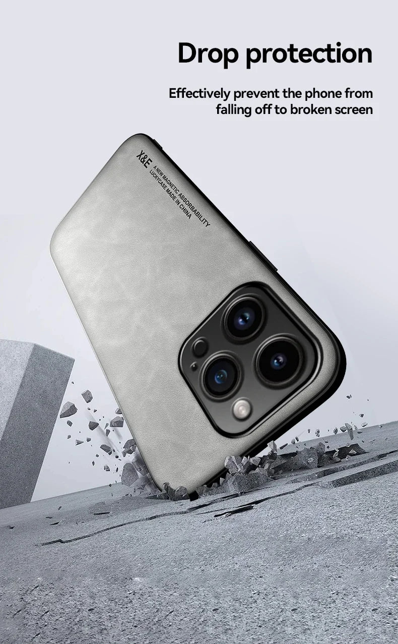 Luxury Leather Magnetic Case for iPhone 17 16 16e 15 14 13 12 11 Pro Max Plus Mini SE 8 7 Shockproof Cover with Metal Plate Car Mount Support
