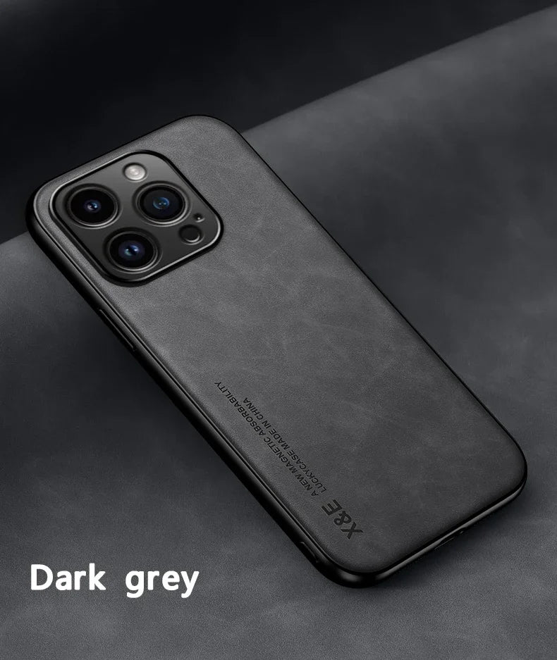 Luxury Leather Magnetic Case for iPhone 17 16 16e 15 14 13 12 11 Pro Max Plus Mini SE 8 7 Shockproof Cover with Metal Plate Car Mount Support