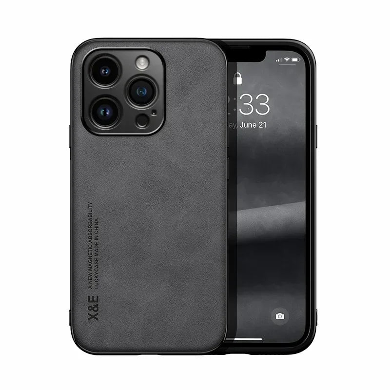 Luxury Leather Magnetic Case for iPhone 17 16 16e 15 14 13 12 11 Pro Max Plus Mini SE 8 7 Shockproof Cover with Metal Plate Car Mount Support