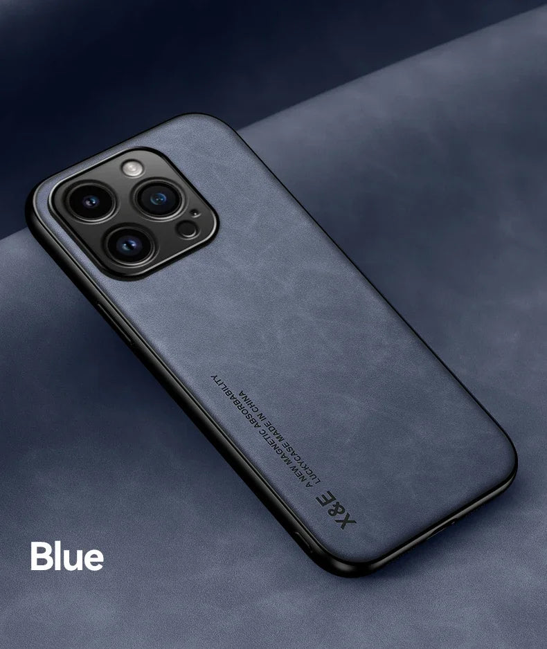 Luxury Leather Magnetic Case for iPhone 17 16 16e 15 14 13 12 11 Pro Max Plus Mini SE 8 7 Shockproof Cover with Metal Plate Car Mount Support