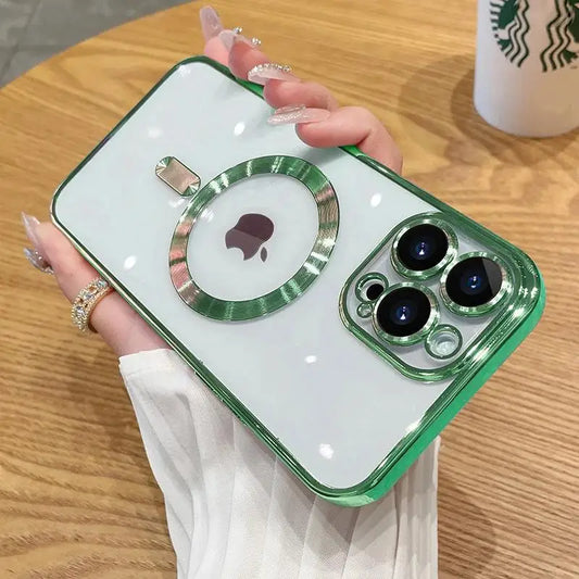 Magnetic Plating iPhone Case with Camera Lens Protector – Compatible with iPhone 11/12/13/14/15/16 Pro Max, Supports Mag Safe Wireless Charging