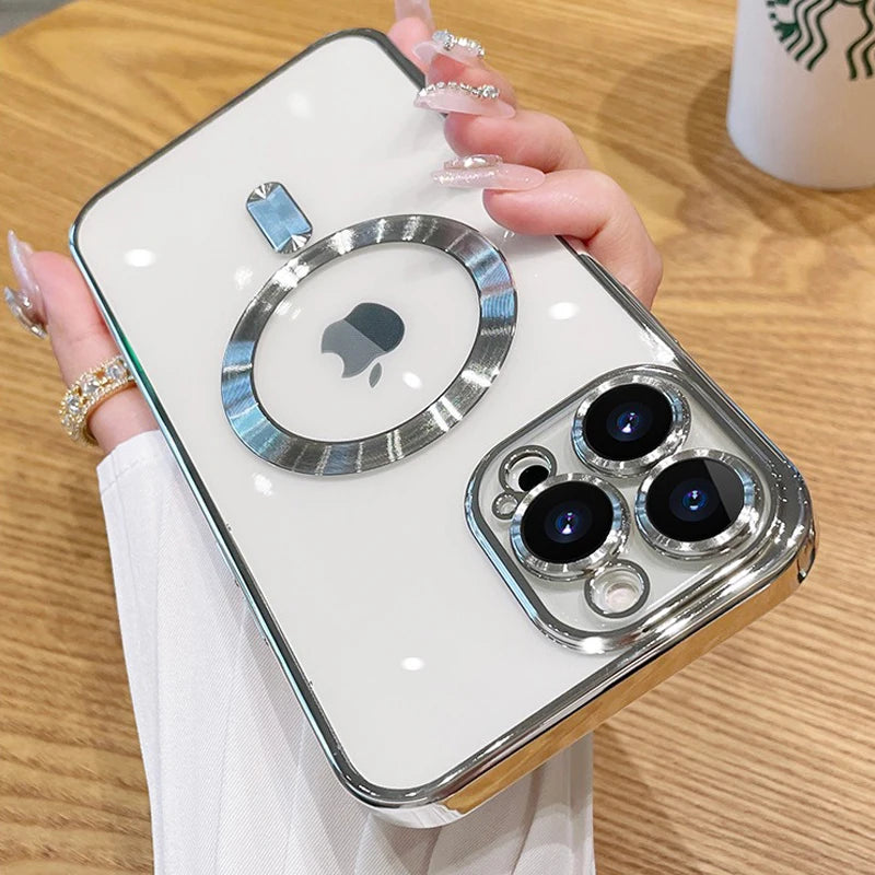 Magnetic Plating iPhone Case with Camera Lens Protector – Compatible with iPhone 11/12/13/14/15/16 Pro Max, Supports Mag Safe Wireless Charging
