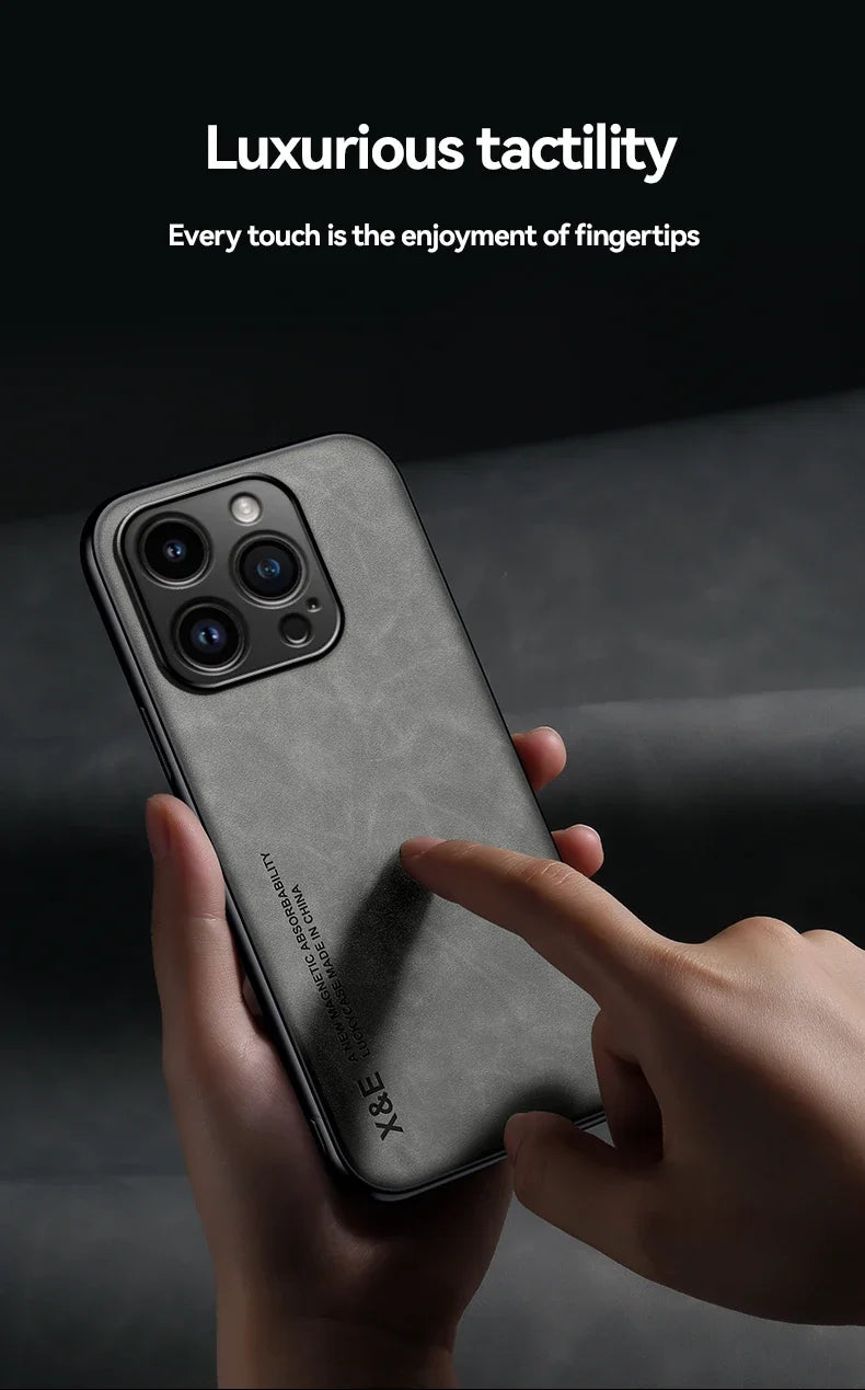 Luxury Leather Magnetic Case for iPhone 17 16 16e 15 14 13 12 11 Pro Max Plus Mini SE 8 7 Shockproof Cover with Metal Plate Car Mount Support