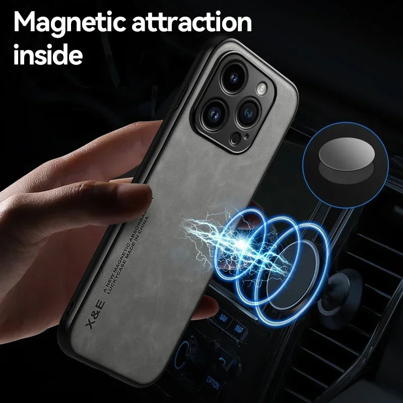 Luxury Leather Magnetic Case for iPhone 17 16 16e 15 14 13 12 11 Pro Max Plus Mini SE 8 7 Shockproof Cover with Metal Plate Car Mount Support