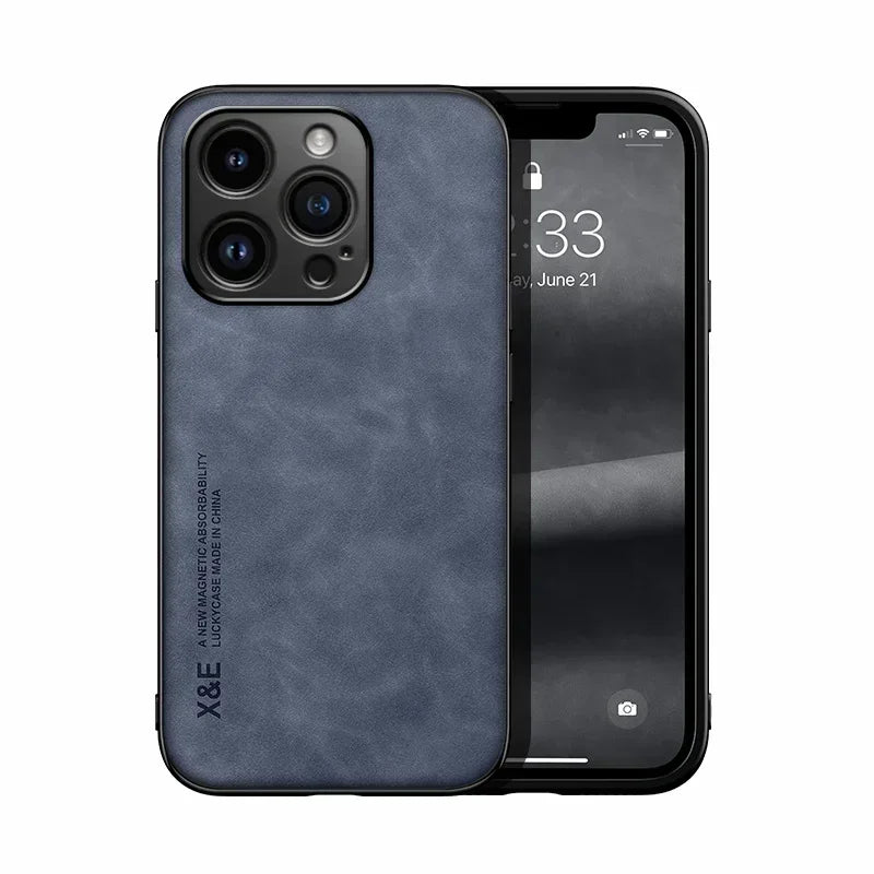 Luxury Leather Magnetic Case for iPhone 17 16 16e 15 14 13 12 11 Pro Max Plus Mini SE 8 7 Shockproof Cover with Metal Plate Car Mount Support