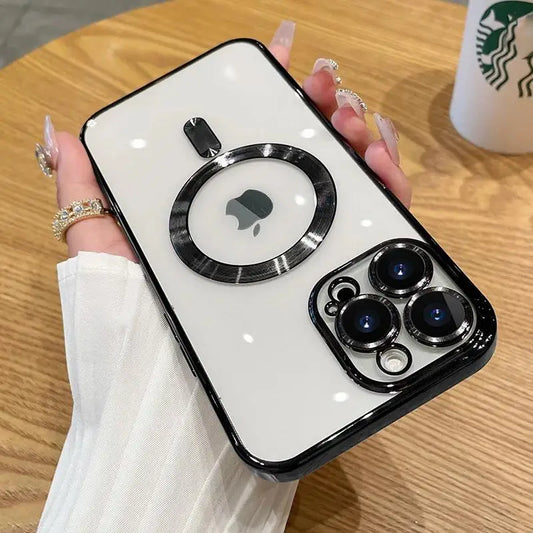 Magnetic Plating iPhone Case with Camera Lens Protector – Compatible with iPhone 11/12/13/14/15/16 Pro Max, Supports Mag Safe Wireless Charging
