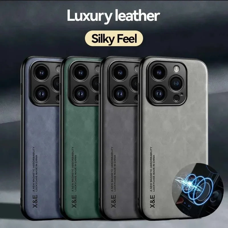 Luxury Leather Magnetic Case for iPhone 17 16 16e 15 14 13 12 11 Pro Max Plus Mini SE 8 7 Shockproof Cover with Metal Plate Car Mount Support