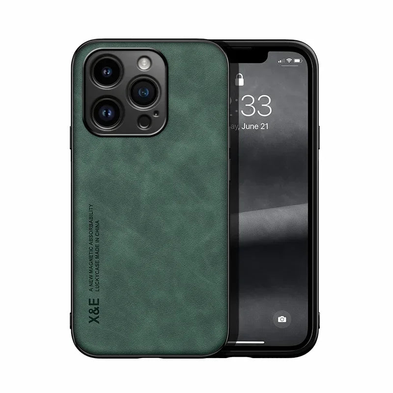 Luxury Leather Magnetic Case for iPhone 17 16 16e 15 14 13 12 11 Pro Max Plus Mini SE 8 7 Shockproof Cover with Metal Plate Car Mount Support