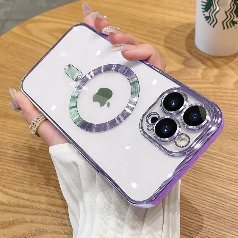 Magnetic Plating iPhone Case with Camera Lens Protector – Compatible with iPhone 11/12/13/14/15/16 Pro Max, Supports Mag Safe Wireless Charging