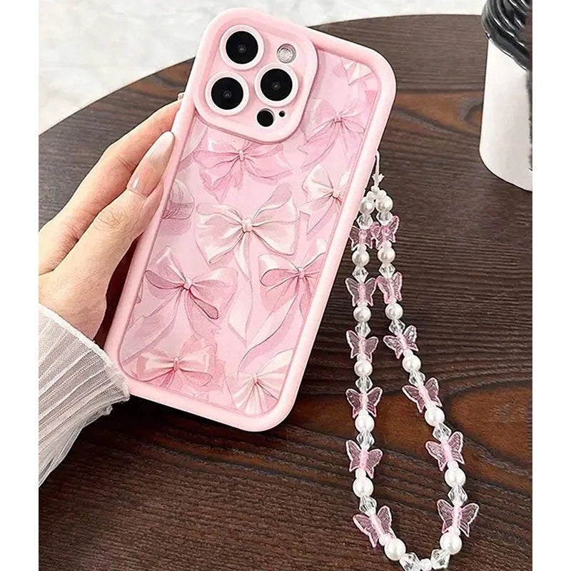 Cute Pink Bow Silicone Case for iPhone 17 16 Pro Max 15 14 13 12 11 with Butterfly Charm Cover