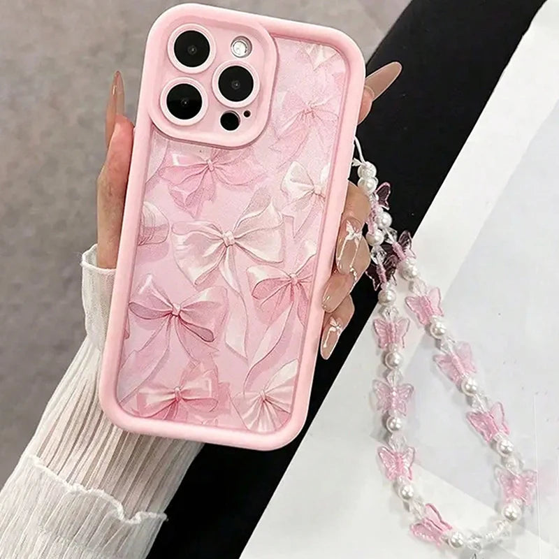 Cute Pink Bow Silicone Case for iPhone 17 16 Pro Max 15 14 13 12 11 with Butterfly Charm Cover