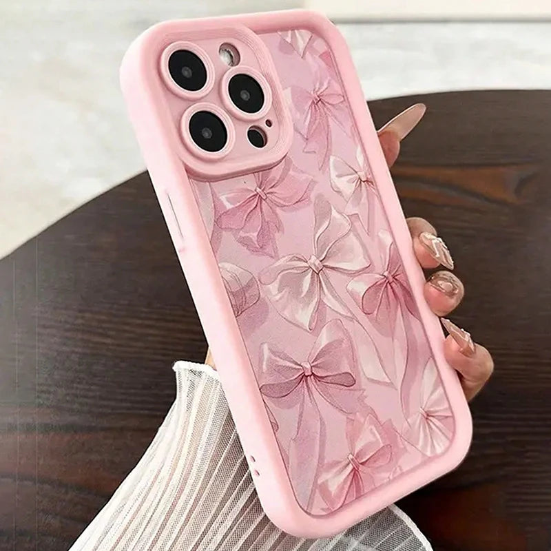 Cute Pink Bow Silicone Case for iPhone 17 16 Pro Max 15 14 13 12 11 with Butterfly Charm Cover