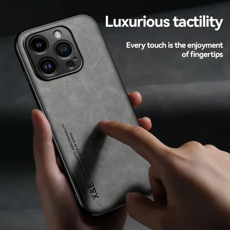 Luxury Leather Magnetic Case for iPhone 17 16 16e 15 14 13 12 11 Pro Max Plus Mini SE 8 7 Shockproof Cover with Metal Plate Car Mount Support