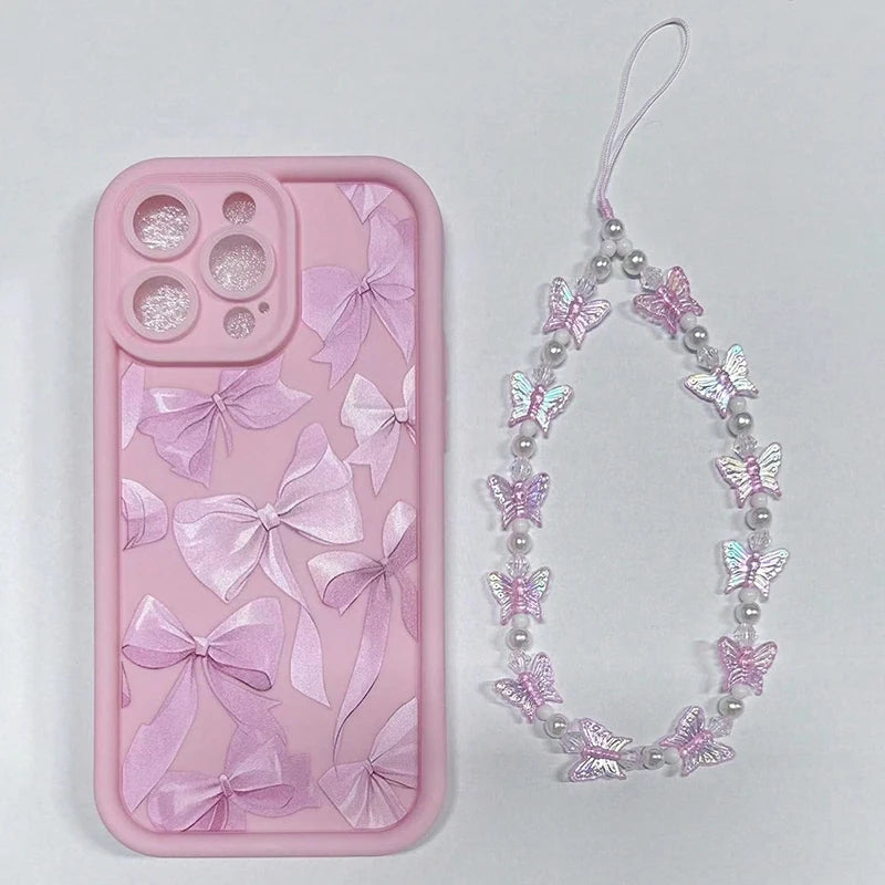 Cute Pink Bow Silicone Case for iPhone 17 16 Pro Max 15 14 13 12 11 with Butterfly Charm Cover