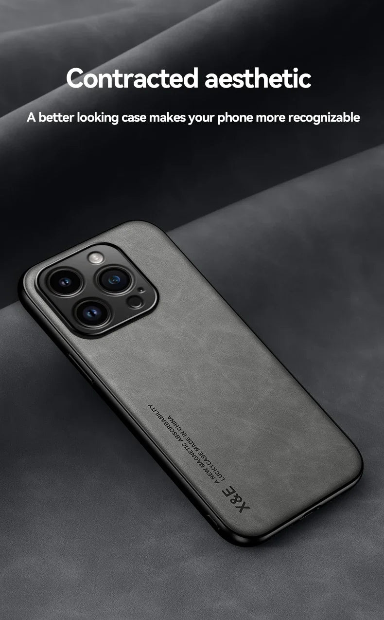 Luxury Leather Magnetic Case for iPhone 17 16 16e 15 14 13 12 11 Pro Max Plus Mini SE 8 7 Shockproof Cover with Metal Plate Car Mount Support