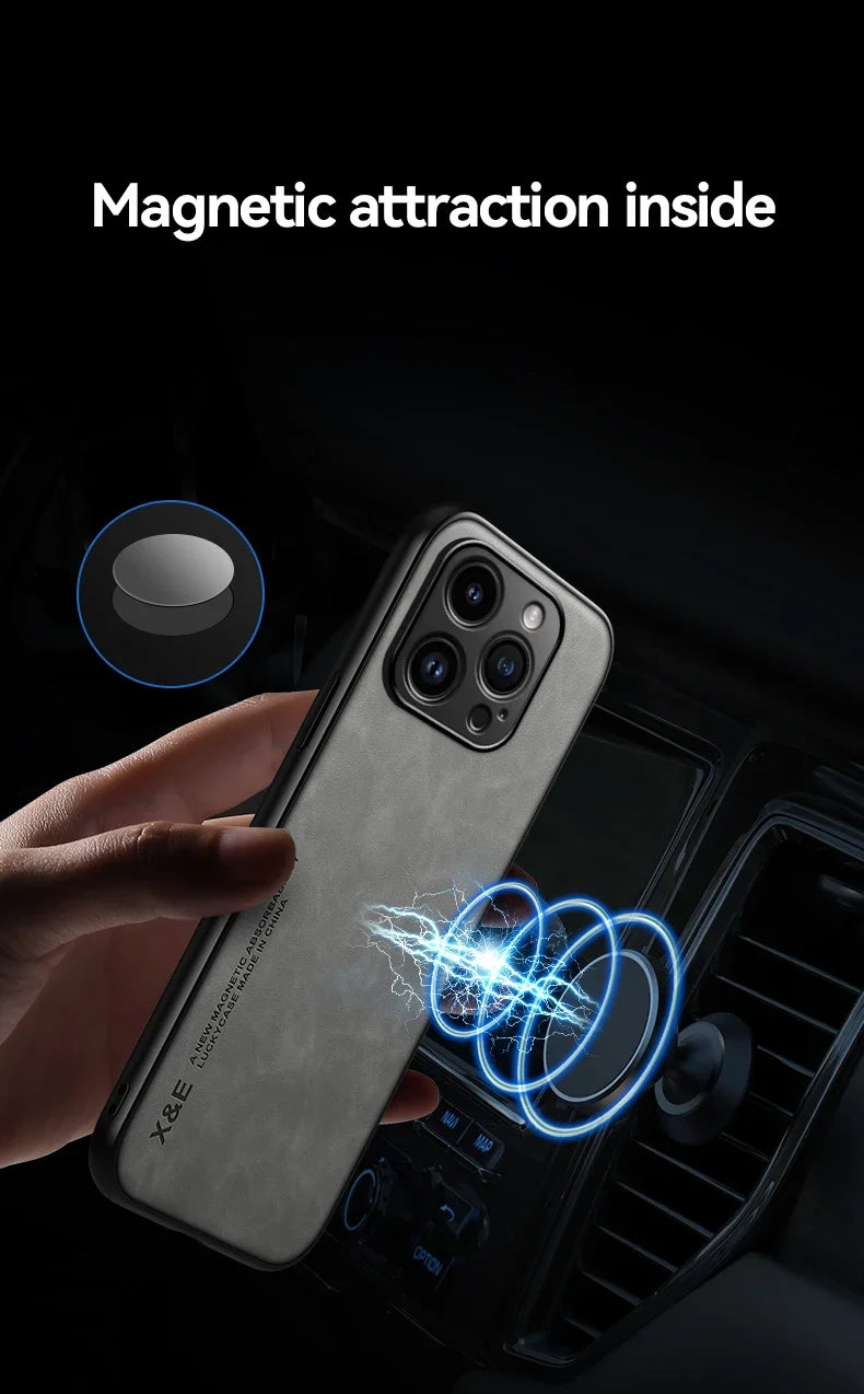 Luxury Leather Magnetic Case for iPhone 17 16 16e 15 14 13 12 11 Pro Max Plus Mini SE 8 7 Shockproof Cover with Metal Plate Car Mount Support