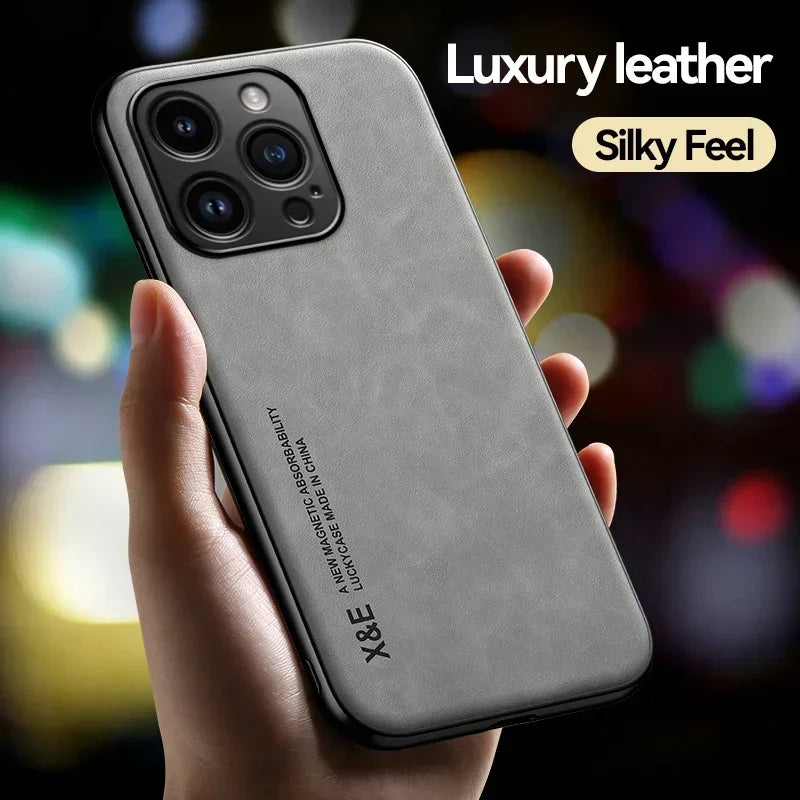 Luxury Leather Magnetic Case for iPhone 17 16 16e 15 14 13 12 11 Pro Max Plus Mini SE 8 7 Shockproof Cover with Metal Plate Car Mount Support