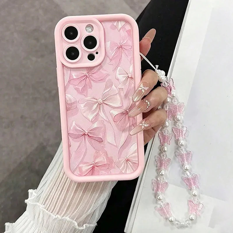 Cute Pink Bow Silicone Case for iPhone 17 16 Pro Max 15 14 13 12 11 with Butterfly Charm Cover